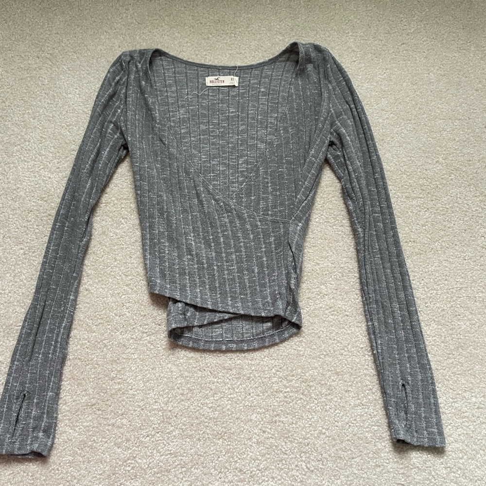 Gray Ribbed Wrap Top